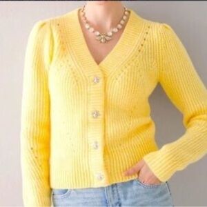 White House Black Market | WHBM Yellow Knit Bee Snap Closure V-neck Cardigan XS